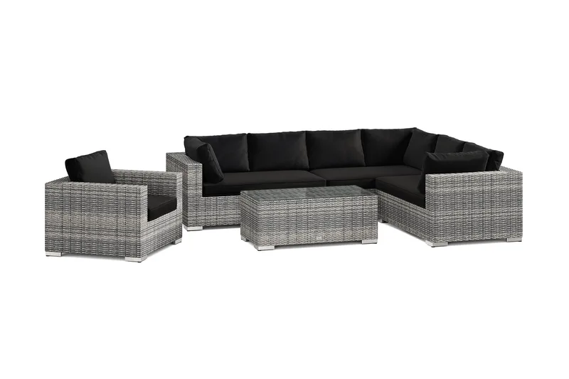 Bahamas utomhus L-soffa höger 7-sits med fåtölj och bord, Grå