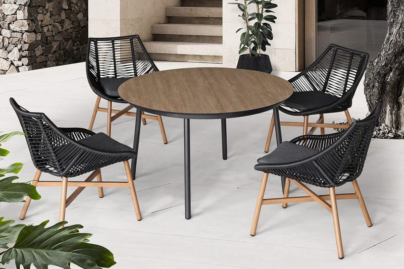 Helsinki Matgrupp Utomhus 120 cm Rund + 4 Utestolar m Dyna - Svart/Natur/Grå - Utemöbler & utemiljö - Loungemöbler - Loungeset & loungegrupp