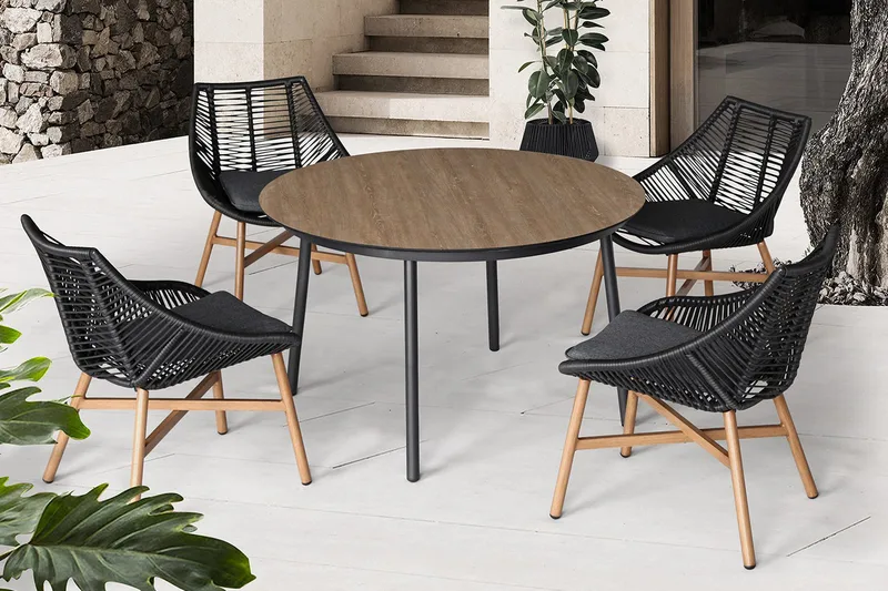 Helsinki Matgrupp Utomhus 120 cm Rund + 4 Utestolar m Dyna - Svart/Natur/Grå - Utemöbler & utemiljö - Loungemöbler - Loungeset & loungegrupp