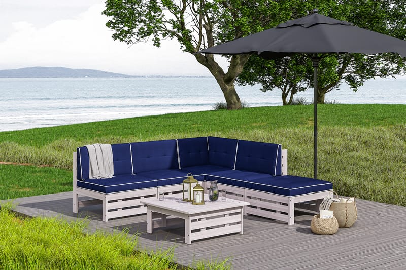 Husarn Loungegrupp Utomhus – 4-sits Loungeset Utemöbler i Trä - Vit / Blåa dynor - Utemöbler & utemiljö - Loungemöbler - Loungeset & loungegrupp