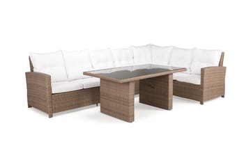 James Loungegrupp utomhus - L-formad Soffgrupp till uteplats 6-sits - Loungeset konstrotting utemöbler - Sand / Brun / Vita dynor - Utemöbler & utemiljö - Loungemöbler - Loungeset & loungegrupp