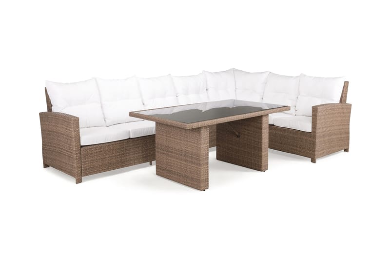 James Loungegrupp utomhus - L-formad Soffgrupp till uteplats 6-sits - Loungeset konstrotting utemöbler - Sand / Brun / Vita dynor - Utemöbler & utemiljö - Loungemöbler - Loungeset & loungegrupp