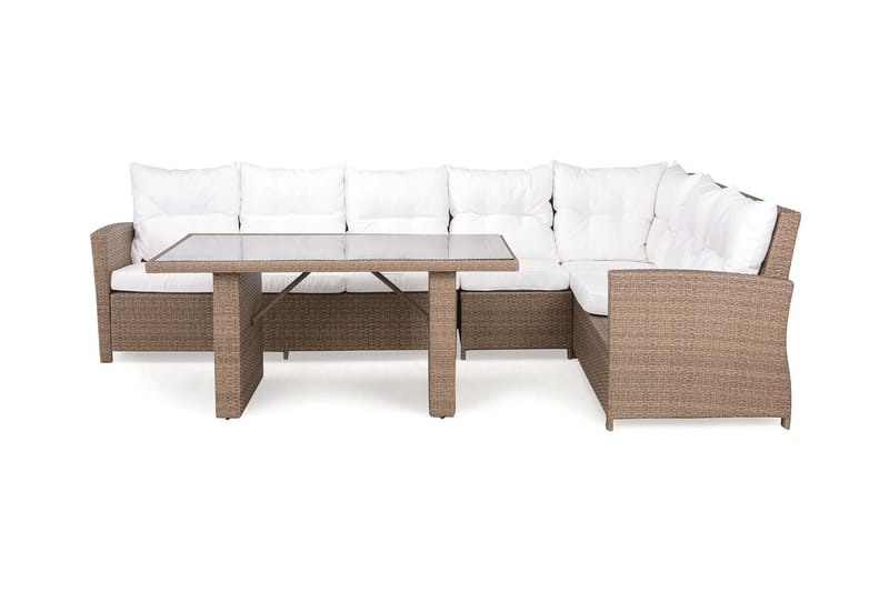 James Loungegrupp utomhus - L-formad Soffgrupp till uteplats 6-sits - Loungeset konstrotting utemöbler - Sand / Brun / Vita dynor - Utemöbler & utemiljö - Loungemöbler - Loungeset & loungegrupp