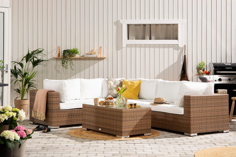 Loungegrupp Bahamas 6-sits Bord - Beige / Vita dynor / Glas - Utemöbler & utemiljö - Loungemöbler - Loungeset & loungegrupp