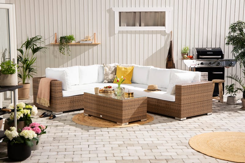 Loungegrupp Bahamas 6-sits Bord - Beige / Vita dynor / Glas - Utemöbler & utemiljö - Loungemöbler - Loungeset & loungegrupp