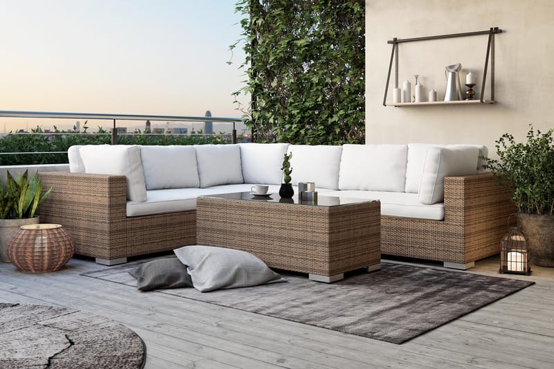 Loungegrupp Bahamas 6-sits Bord - Beige / Vita dynor / Glas - Utemöbler & utemiljö - Loungemöbler - Loungeset & loungegrupp