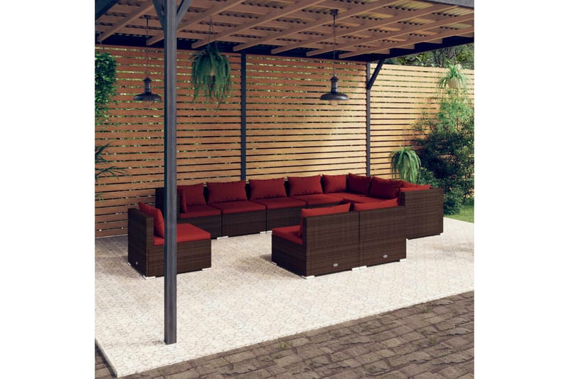 Loungegrupp för trädgården med dynor 10 delar konstrotting b - Brun/Röd - Loungeset & loungegrupp - Soffgrupp utomhus