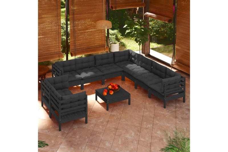 Loungegrupp för trädgården med dynor 10 delar svart massiv f - Svart - Loungeset & loungegrupp - Soffgrupp utomhus