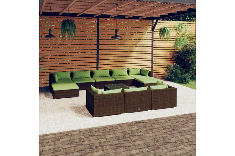 Loungegrupp för trädgården med dynor 11 delar konstrotting b - Brun/Grön - Loungeset & loungegrupp - Soffgrupp utomhus
