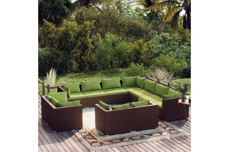 Loungegrupp för trädgården med dynor 11delar brun konstrotti - Brun/Grön - Loungeset & loungegrupp - Soffgrupp utomhus
