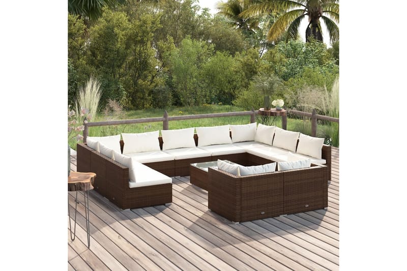 Loungegrupp för trädgården med dynor 12 delar brun konstrott - Brun/Vit - Loungeset & loungegrupp - Soffgrupp utomhus