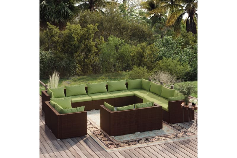 Loungegrupp för trädgården med dynor 12delar konstrotting br - Brun/Grön - Loungeset & loungegrupp - Soffgrupp utomhus