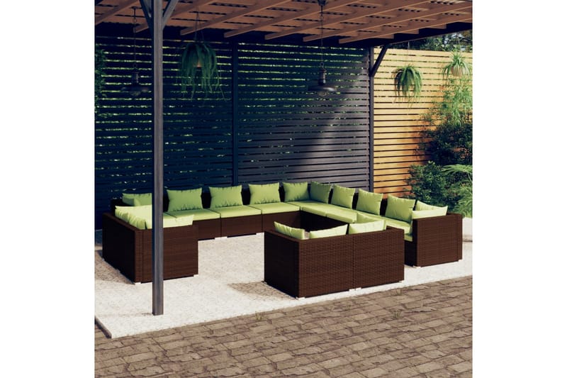 Loungegrupp för trädgården med dynor 13delar brun konstrotti - Brun/Grön - Loungeset & loungegrupp - Soffgrupp utomhus