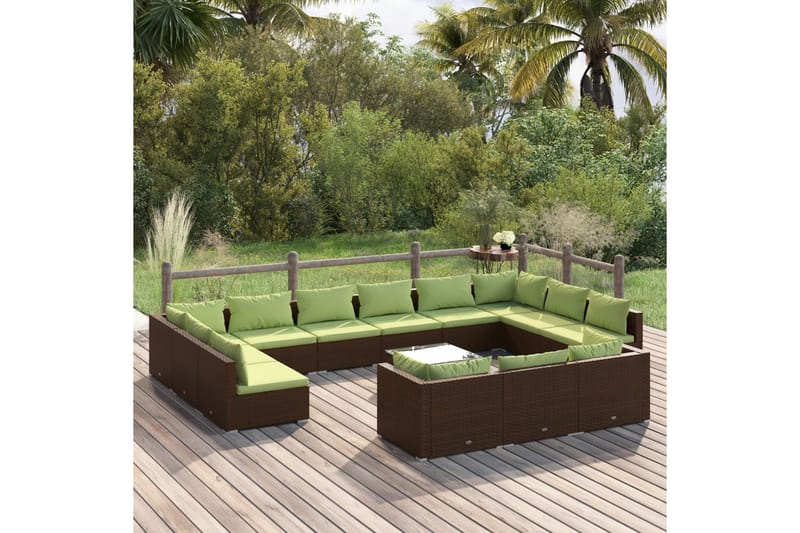 Loungegrupp för trädgården med dynor 14delar brun konstrotti - Brun/Grön - Loungeset & loungegrupp - Soffgrupp utomhus