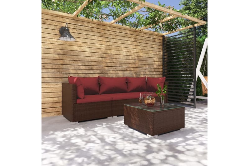 Loungegrupp för trädgården med dynor 4 delar konstrotting br - Brun/Röd - Loungeset & loungegrupp - Soffgrupp utomhus