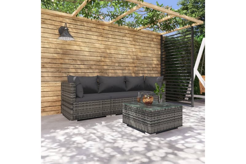 Loungegrupp för trädgården med dynor 4 delar konstrotting gr - Grå - Loungeset & loungegrupp - Soffgrupp utomhus