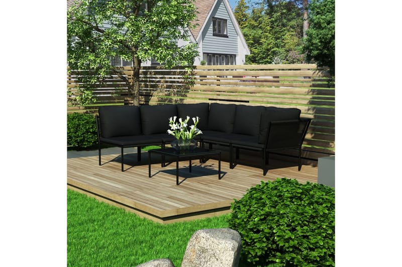 Loungegrupp för trädgården med dynor 6 delar svart PVC - Svart - Loungeset & loungegrupp - Soffgrupp utomhus
