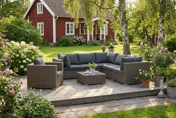 Marcus Loungegrupp Utomhus - 5-sits Loungeset i Konstrotting för Uteplats och Trädgård - Brun / Gråa dynor - Utemöbler & utemiljö - Loungemöbler - Loungeset & loungegrupp