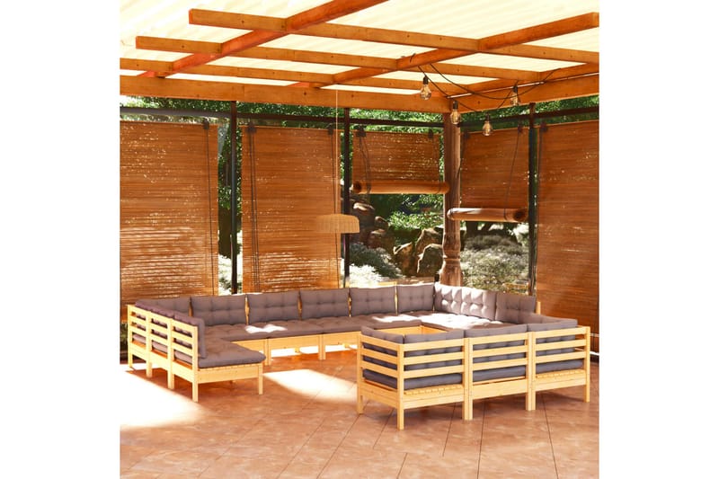 Trädgårdssoffa 13-sits med grå dynor massiv furu - Grå - Loungeset & loungegrupp - Soffgrupp utomhus