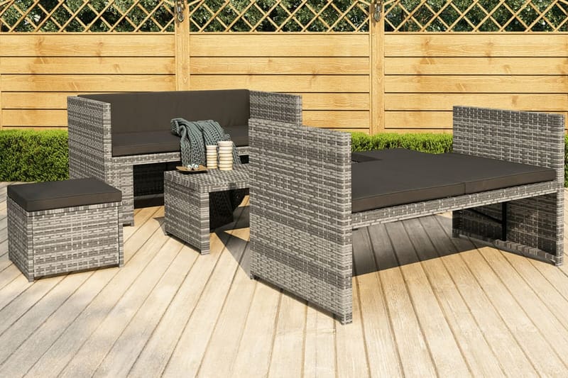 Trädgårdssoffa med dynor 5 delar konstrotting grå - Grå - Loungeset & loungegrupp - Soffgrupp utomhus