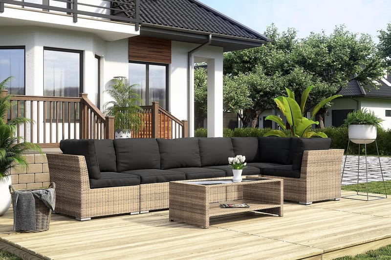 Wisconsin Premium Loungegrupp utomhus - Soffgrupp till uteplats 6-sits - Loungeset konstrotting utemöbler - Sand / Brun / Svarta dynor - Utemöbler & utemiljö - Loungemöbler - Loungeset & loungegrupp