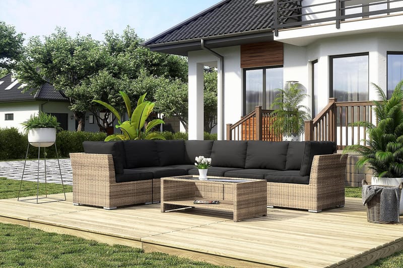 Wisconsin Premium Loungegrupp utomhus - Soffgrupp till uteplats 6-sits - Loungeset konstrotting utemöbler - Sand / Brun / Svarta dynor - Utemöbler & utemiljö - Loungemöbler - Loungeset & loungegrupp