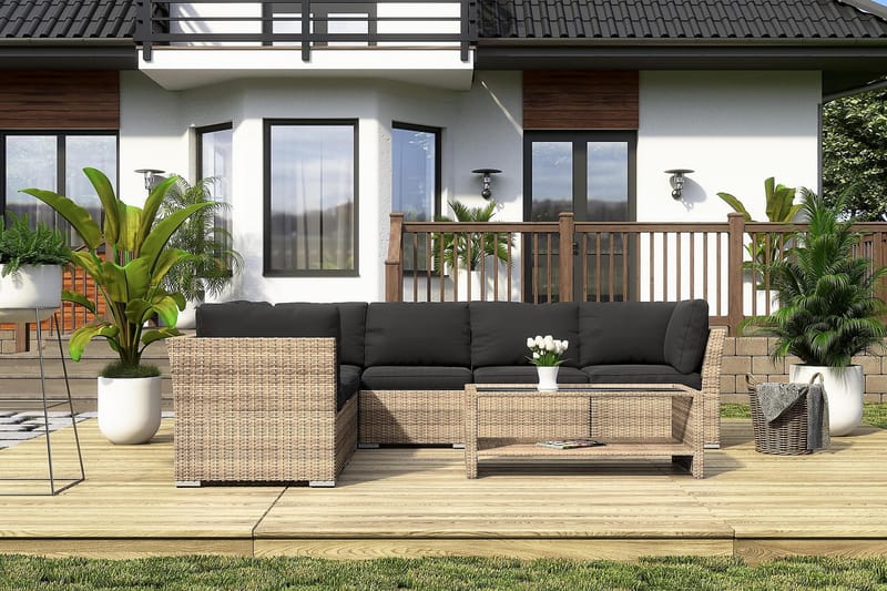 Wisconsin Premium Loungegrupp utomhus - Soffgrupp till uteplats 6-sits - Loungeset konstrotting utemöbler - Sand / Brun / Svarta dynor - Utemöbler & utemiljö - Loungemöbler - Loungeset & loungegrupp