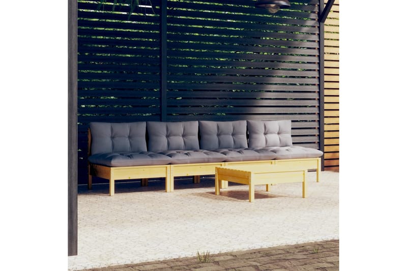 Trädgårdssoffa 5-sits med grå dynor massiv furu - Grå - Loungesoffor - Utesoffa