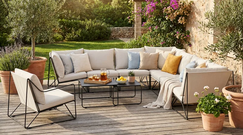 Usteryd utomhus hörnsoffa 8-sits vändbar med fåtölj - Svart/Beige - Utemöbler & utemiljö - Loungemöbler - Loungeset & loungegrupp