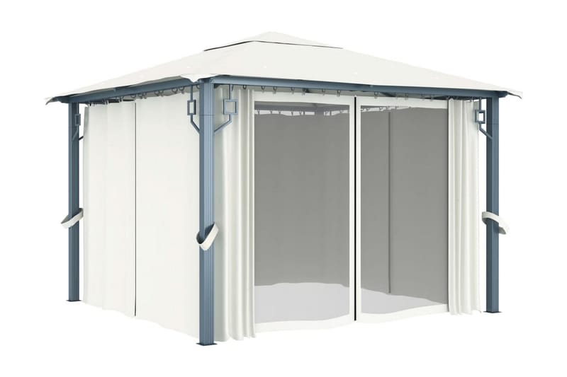 Paviljong med draperier 300x300 cm gräddvit aluminium - Vit - Komplett paviljong