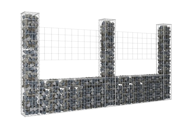 U-formad gabionkorg med 3 stolpar järn 260x20x150 cm - Silver - Staket & grind