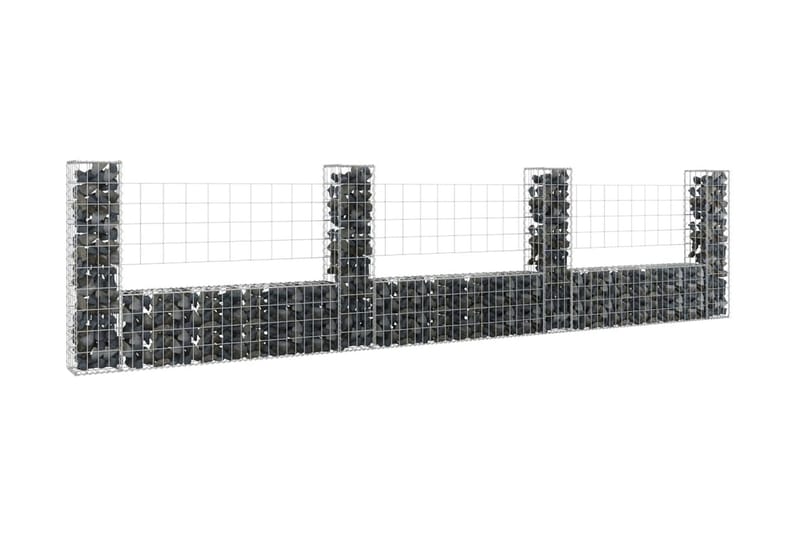 U-formad gabionkorg med 4 stolpar järn 380x20x100 cm - Silver - Staket & grind
