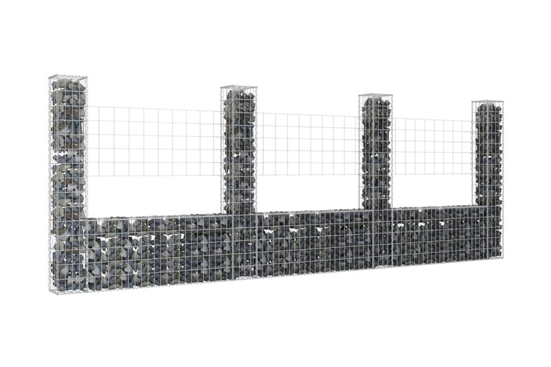 U-formad gabionkorg med 4 stolpar järn 380x20x150 cm - Silver - Staket & grind