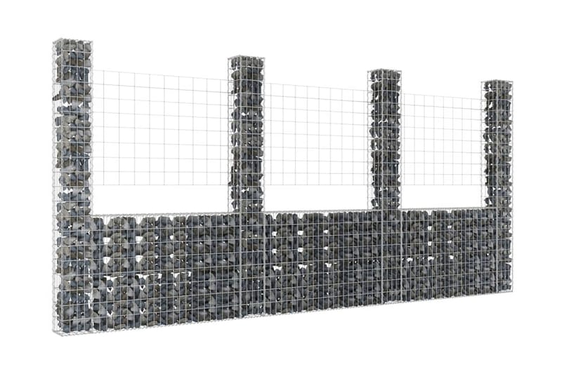 U-formad gabionkorg med 4 stolpar järn 380x20x200 cm - Silver - Staket & grind