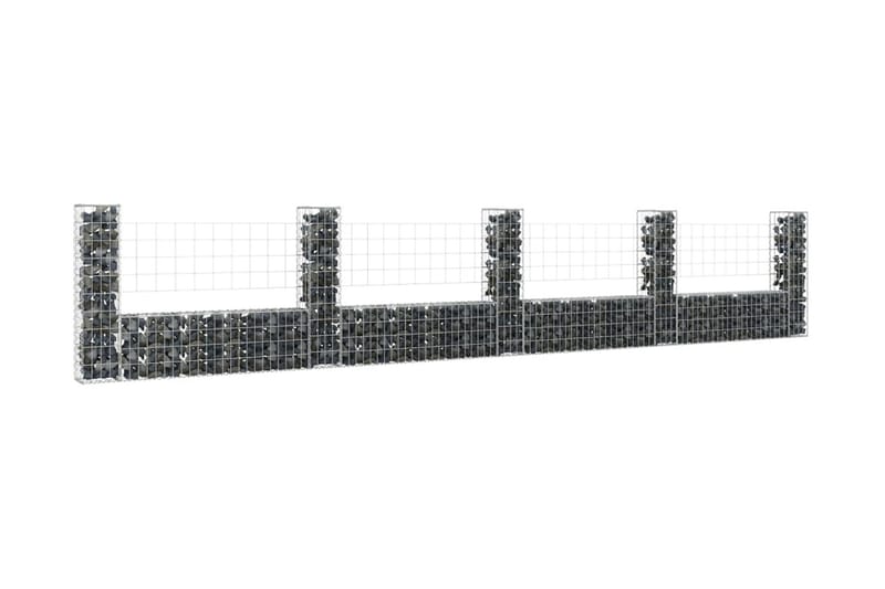 U-formad gabionkorg med 5 stolpar järn 500x20x100 cm - Silver - Staket & grind