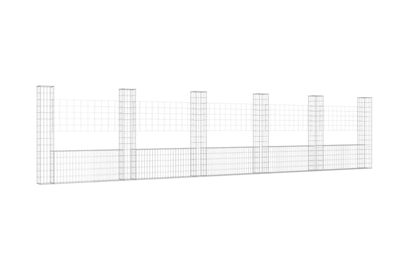 U-formad gabionkorg med 6 stolpar järn 620x20x150 cm - Silver - Staket & grind