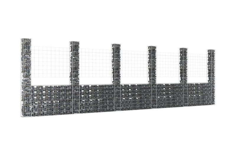 U-formad gabionkorg med 6 stolpar järn 620x20x200 cm - Silver - Staket & grind