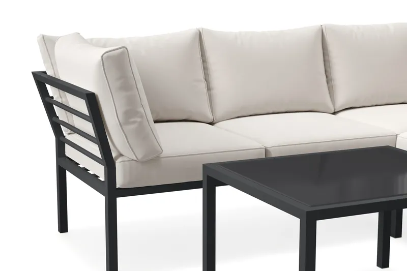 Ariany l-formad 5 sits hörnsoffa utomhus med vita dynor rektangulärt bord i alumunium - Svart - Utemöbler & utemiljö - Loungemöbler - Loungeset & loungegrupp