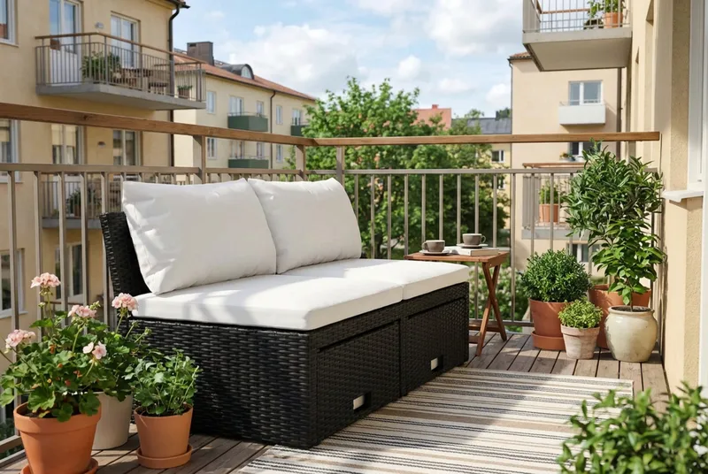 Bahamas Liten Balkongsoffa med dynor och pallar i konstrotting - Svart - Utemöbler & utemiljö - Balkong & altan - Balkongmöbler - Balkongsoffa