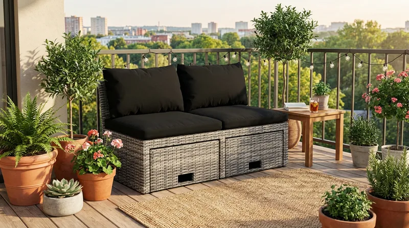 Bahamas Liten Balkongsoffa med dynor och pallar i konstrotting - Grå - Utemöbler & utemiljö - Balkong & altan - Balkongmöbler - Balkongsoffa