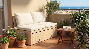 Bahamas Liten Balkongsoffa med dynor och pallar i konstrotting - Beige - Utemöbler & utemiljö - Balkong & altan - Balkongmöbler - Balkongsoffa