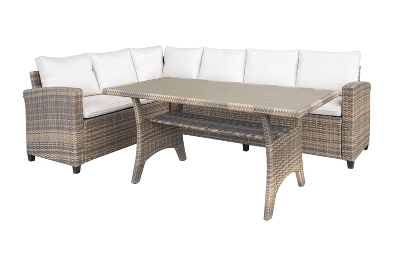 James Light Stor L-formad vändbar loungegrupp utomhus i konstrotting med förvaring och vita dynor, Brun / Beige