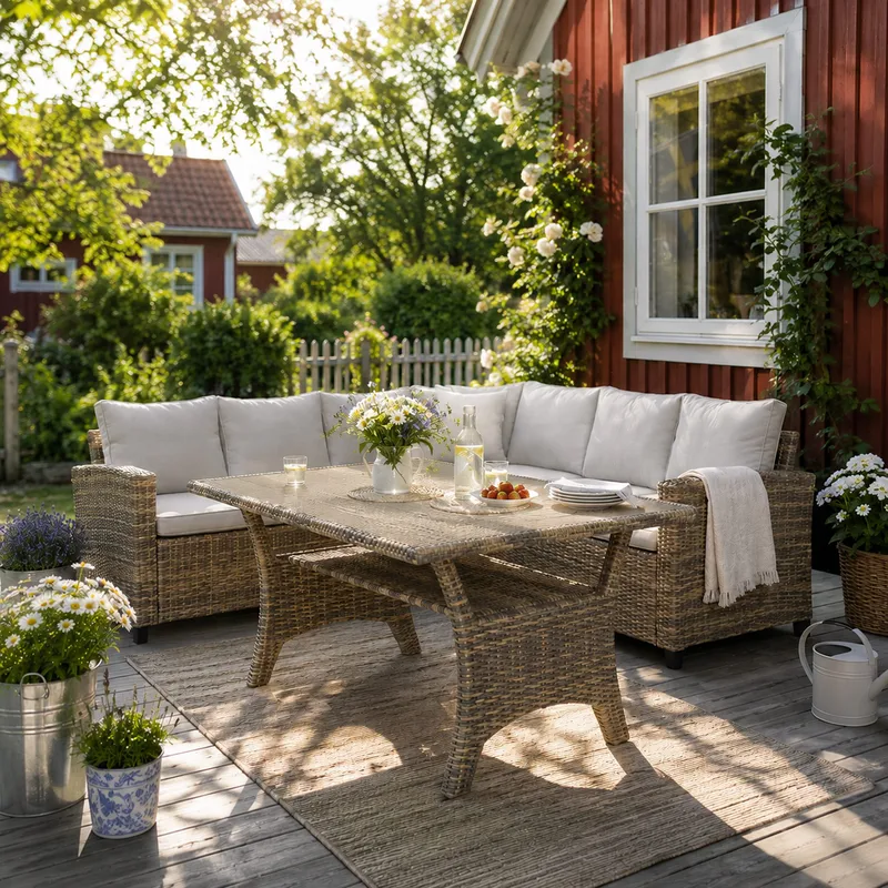 James Light Stor L-formad vändbar loungegrupp utomhus i konstrotting med förvaring och vita dynor - Brun / Beige - Utemöbler & utemiljö - Loungemöbler - Loungeset & loungegrupp