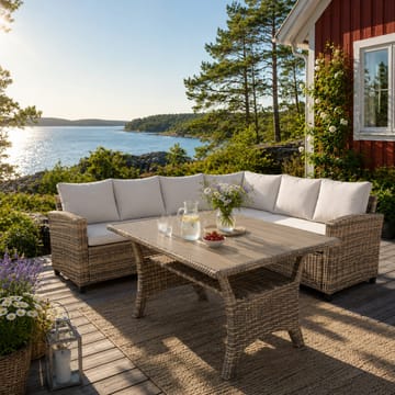 James Light Stor L-formad vändbar loungegrupp utomhus i konstrotting med förvaring och vita dynor - Brun / Beige - Utemöbler & utemiljö - Loungemöbler - Loungeset & loungegrupp