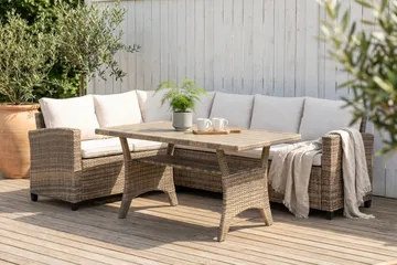 James Light Stor L-formad vändbar loungegrupp utomhus i konstrotting med förvaring och vita dynor - Brun / Beige - Utemöbler & utemiljö - Loungemöbler - Loungeset & loungegrupp