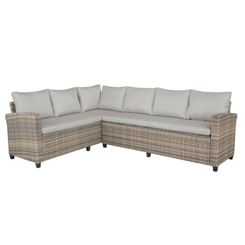 James Light Stor L-formad vändbar loungegrupp utomhus i konstrotting med förvaring och vita dynor - Brun / Beige - Utemöbler & utemiljö - Loungemöbler - Loungeset & loungegrupp