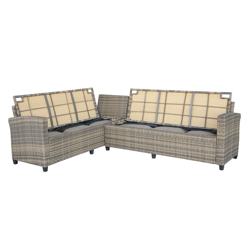 James Light Stor L-formad vändbar loungegrupp utomhus i konstrotting med förvaring och vita dynor - Brun / Beige - Utemöbler & utemiljö - Loungemöbler - Loungeset & loungegrupp