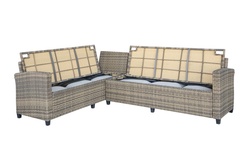 James Light Stor L-formad vändbar loungegrupp utomhus i konstrotting med förvaring och vita dynor - Brun / Beige - Utemöbler & utemiljö - Loungemöbler - Loungeset & loungegrupp