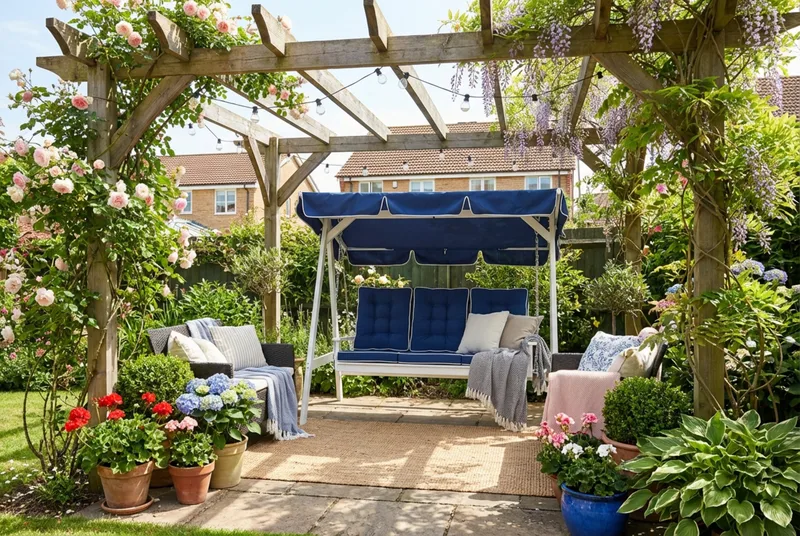 Landet Hammock Gungsoffa med tak i akacia trä inklusive dynor 195x125x159 - Blå / Vit - Utemöbler & utemiljö - Utesoffa - Hammock