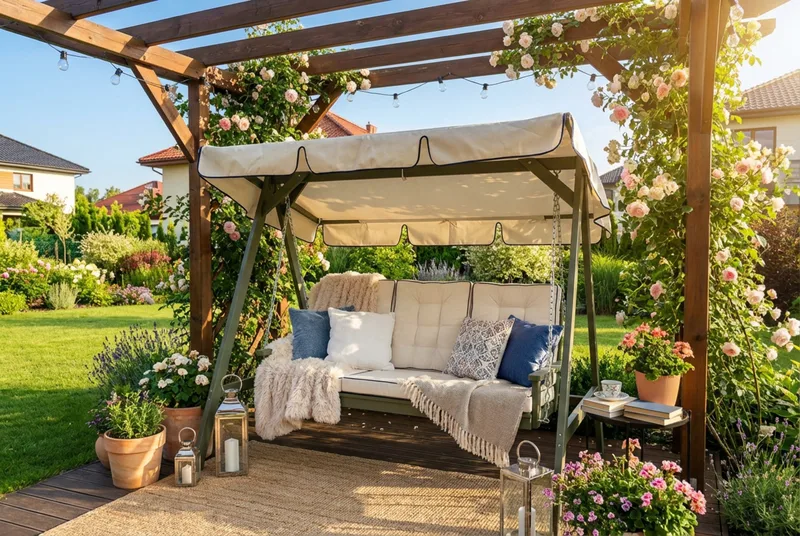 Landet Hammock Gungsoffa med tak i akacia trä inklusive dynor 195x125x159 - Vit / Mörkgrön - Utemöbler & utemiljö - Utesoffa - Hammock